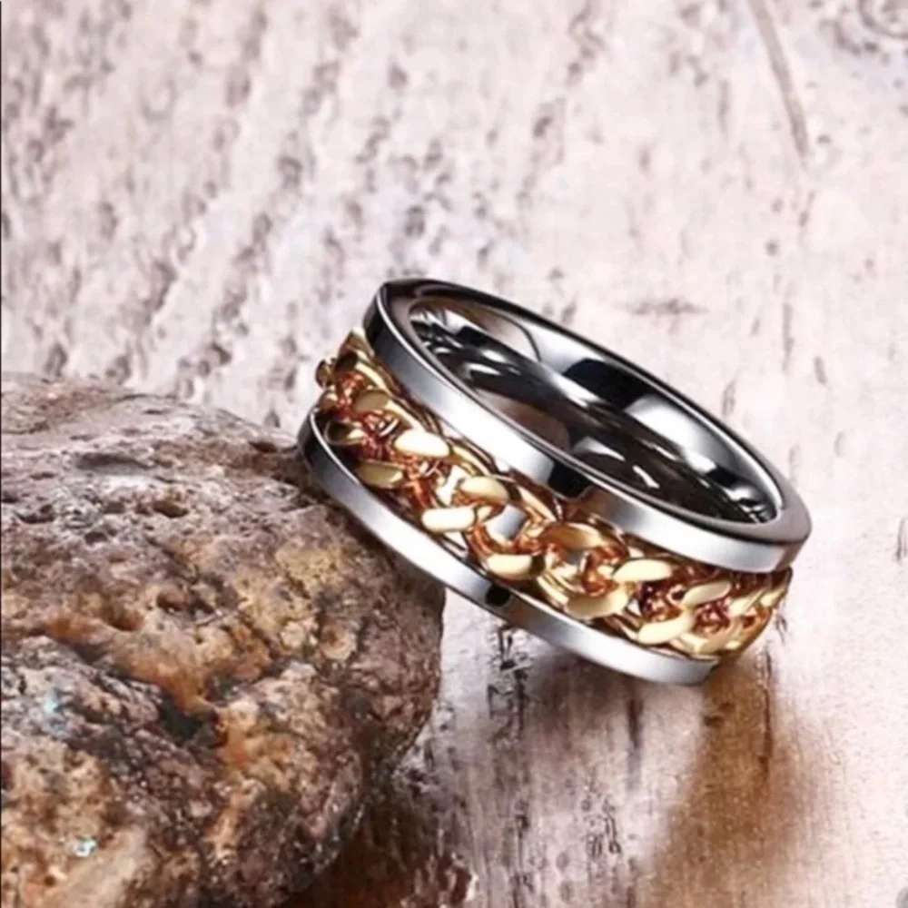 NEW Men’s Gold Chain Spinner Ring Silver Stainless Steel Fidget Jewelry 8mm